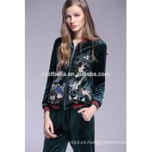 Primavera de las mujeres Slim Blazer corto bordado de la chaqueta de flores impresas chaqueta verde azul